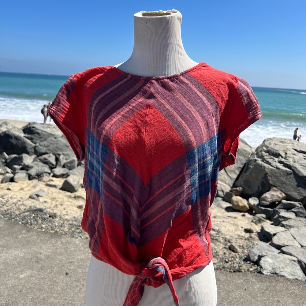 Cloth & Stone Plaid Tie Anthropologie Red Blue Top XS Blouse